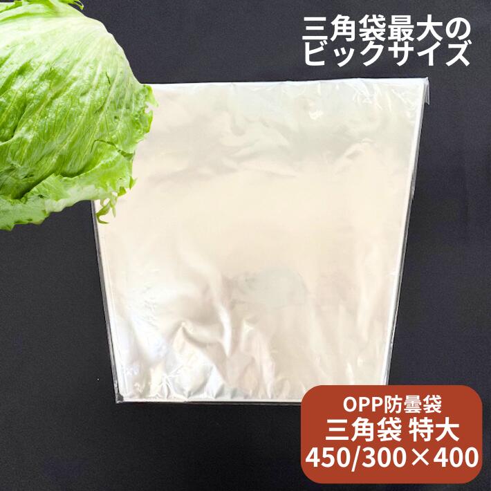 【レタス特大サイズ】新製品 お試し品 オリジナル レタス 特大 向け OPP ボードン 無地 三角袋 0.02×上幅450/下幅300×長400mm 【100枚】【1000枚】レタス キャベツ ブロッコリー 底広 穴なし水抜き付  プラマークなし 防曇袋 野菜袋 出荷袋 三角 OPP ボードン