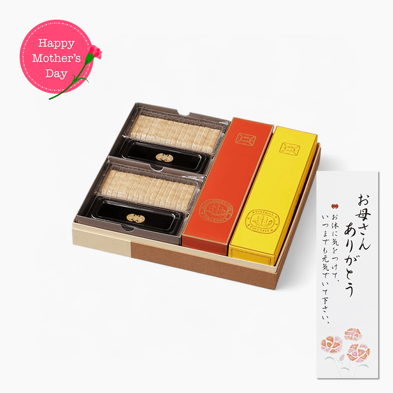 母の日　特撰詰め合わせ 貼り箱(カステラ・オランダケーキ小切れ0.6号各1本 / 手づくり最中8ヶ入2箱)