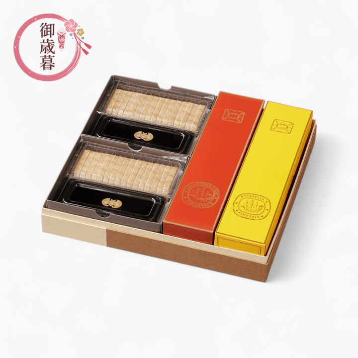 御歳暮 特撰詰め合わせ 貼り箱(カステラ・オランダケーキ小切れ0.6号各1本 / 手づくり最中8ヶ入2箱)