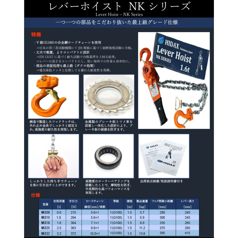HIDAXレバーホイスト NK032 定格荷重3.2t 揚程1.5m NKシリーズ [送料無料]