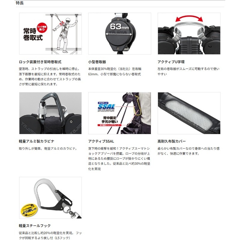 ハーネス用VRロックリールL5ダブル A1VR150L-WL5 巻取式ロック装置あり ダブルランヤード TAJIMA ［送料無料］