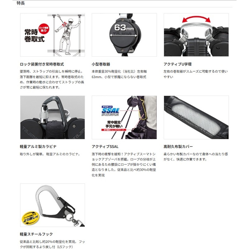ハーネス用VRロックリールL5ダブル 大重量者用130kg A4VR150L-WL5 巻取式ロック装置あり ダブルランヤード TAJIMA ［送料無料］