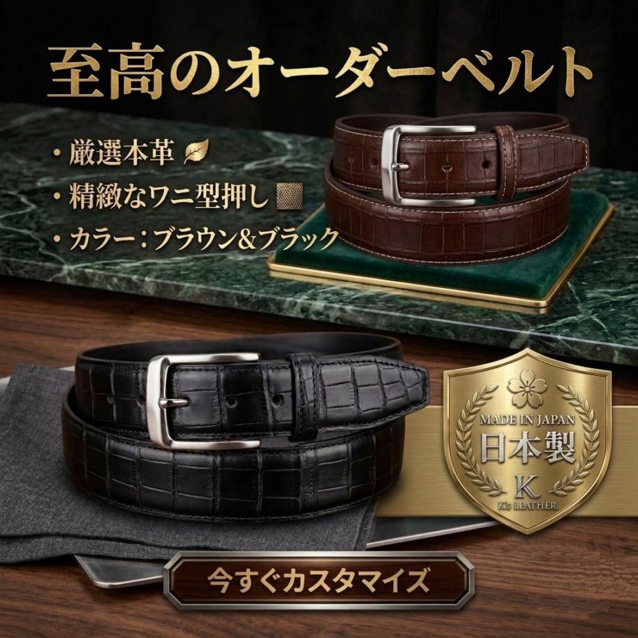 ベルト ワニ型押し クロコダイル型押し オーダーベルト オーダーメイド 日本製 30mm 35mm 選べる 名入れ レザー刻印 60cm～95.5cm