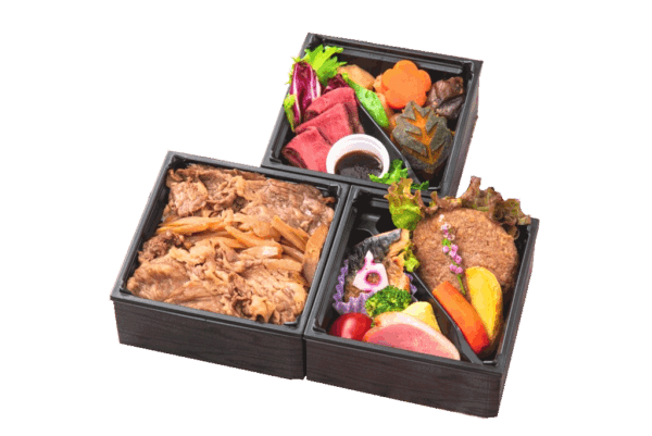 厳選和牛すき焼重と和牛ハンバーグの三段弁当