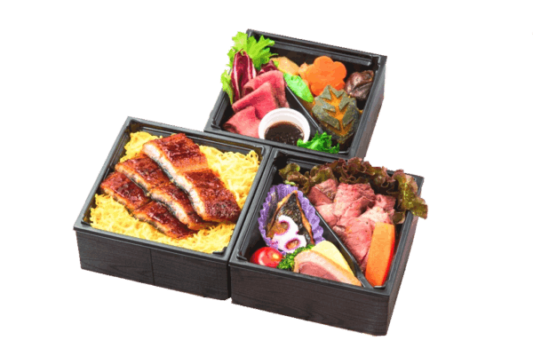 厳選うな重と厳選黒毛牛ステーキの三段弁当