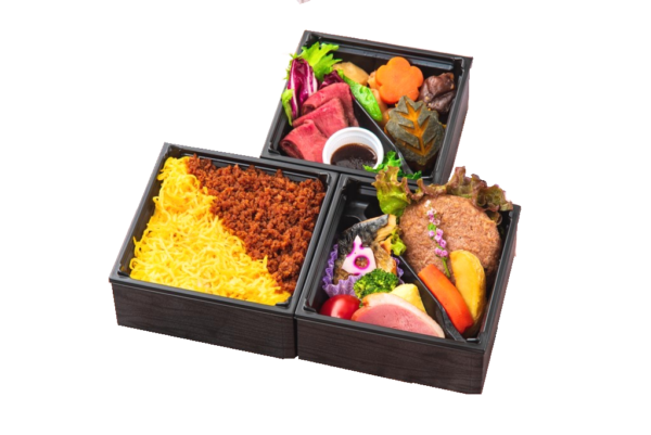 肉そぼろ重と和牛ハンバーグの三段弁当