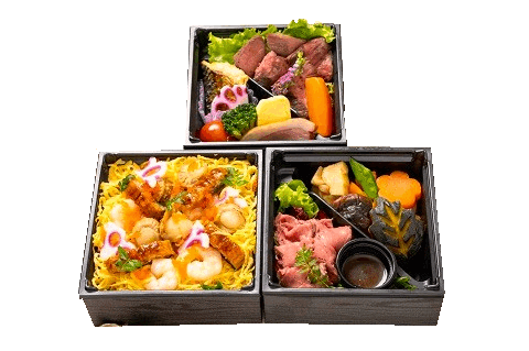 ～華～鰻と海老と帆立の三彩チラシ飯と国産黒毛牛ステーキの三段御膳