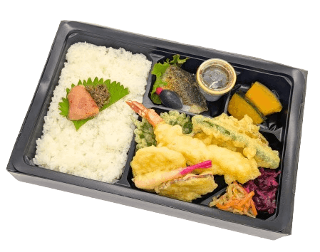 特製天つゆ付き天麩羅盛り合わせとノルウェー産塩鯖弁当