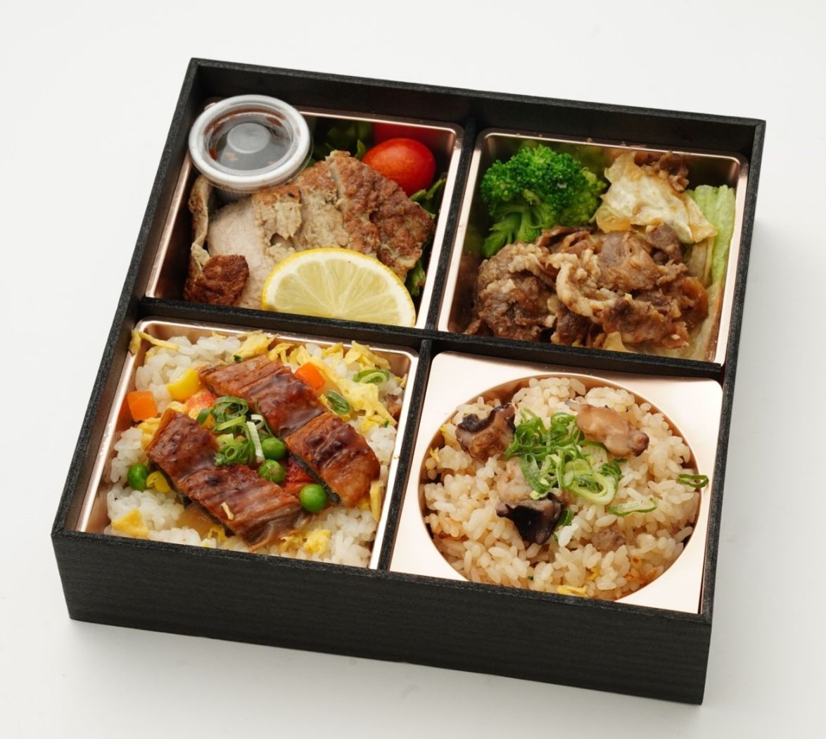 明石風たこ飯＆厳選うなぎちらしと『2種類の選べるメイン』御膳　※写真は大麦牛のステーキと大麦牛の焼肉