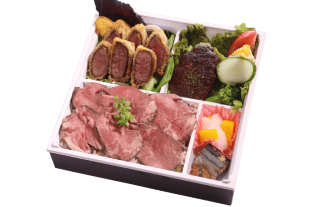 低温調理のローストビーフ重と牛フィレカツとハンバーグ御膳