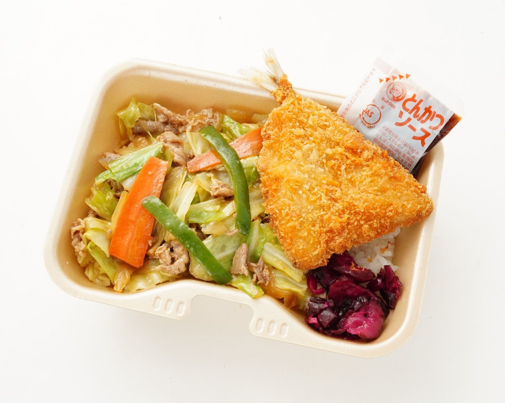 野菜炒めアジフライ飯