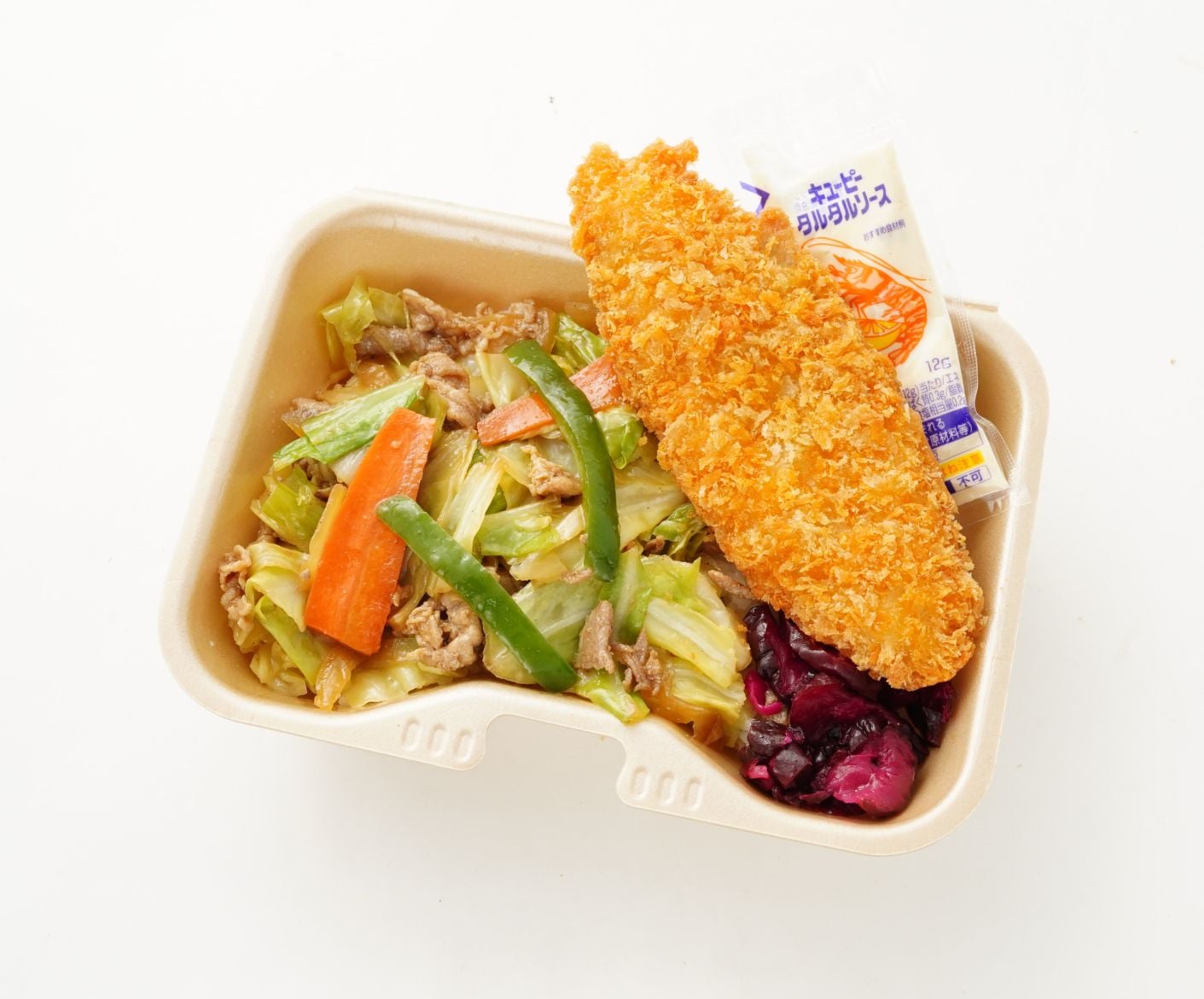 野菜炒め白身フライ飯