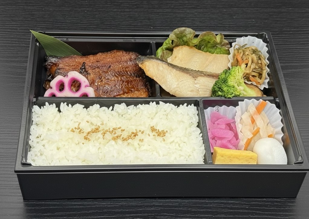 鰻蒲焼きと季節の2色西京焼き弁当