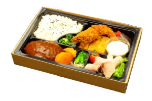 黒毛和牛ハンバーグ・天使の海老フライ・さくらポークカツのDX弁当