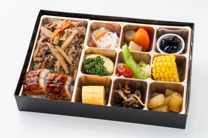 【シャインブラック紙箱】黒毛和牛の牛ごぼう重とうなぎ 彩り膳