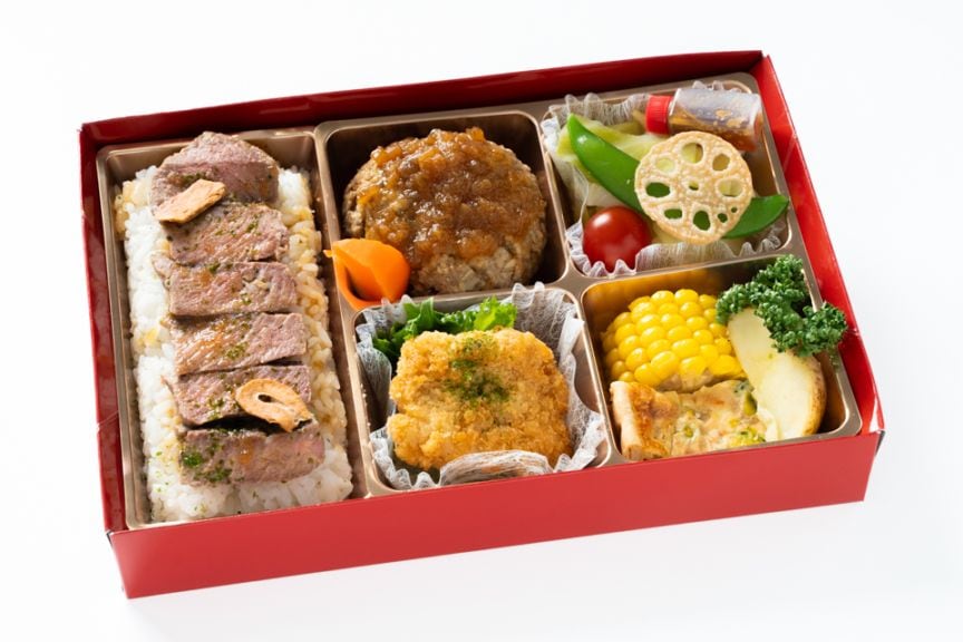【シャインレッド紙箱】黒毛和牛Premium Queen’s Beefハンバーグ＆ロース芯ステーキ重の懐石風アソートBOX