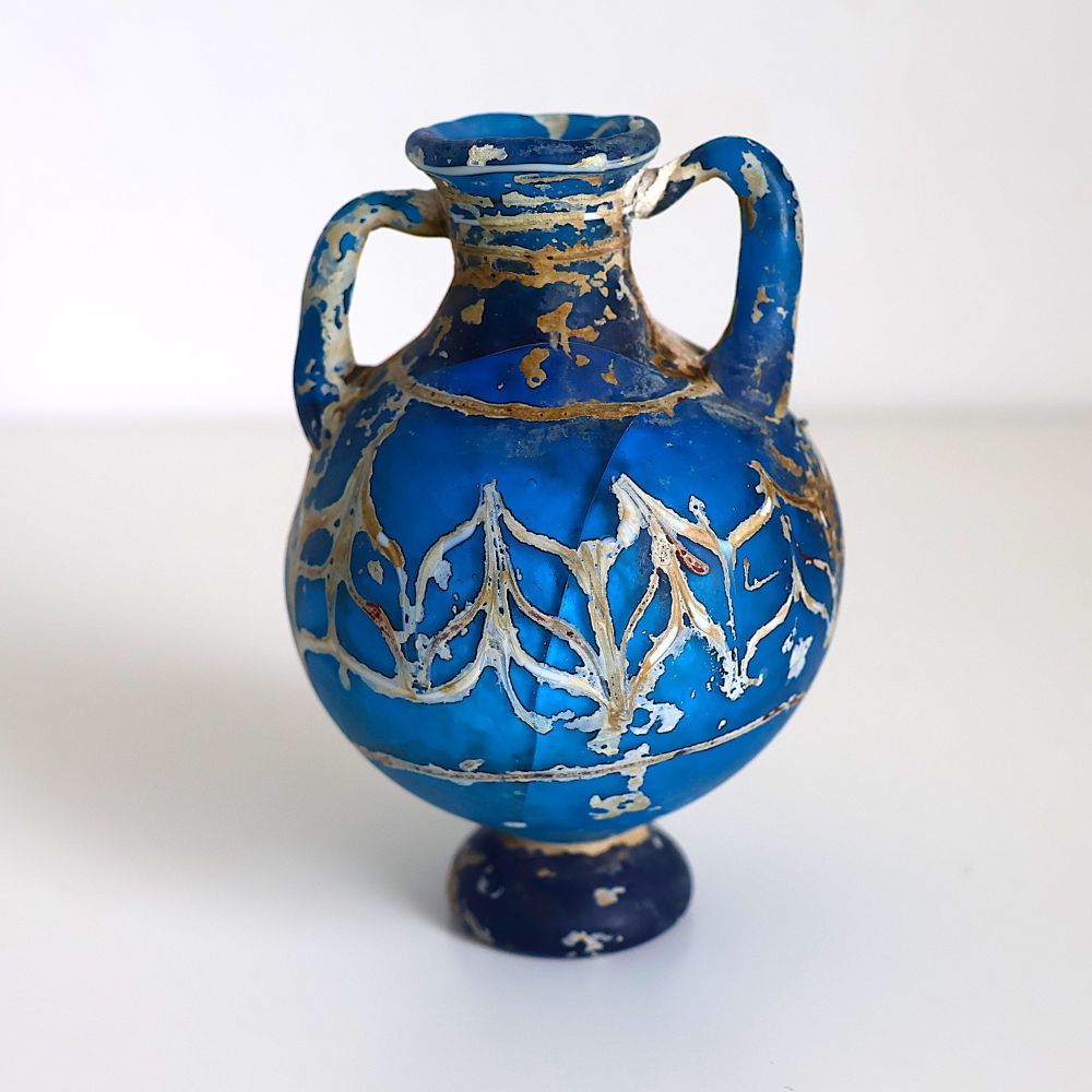 シリア　古代ガラス波文双耳小壺