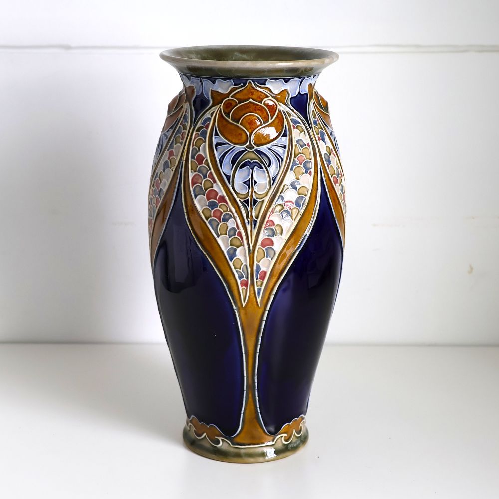 ドルトン　ランベス窯瑠璃アールヌーボー花文花瓶　