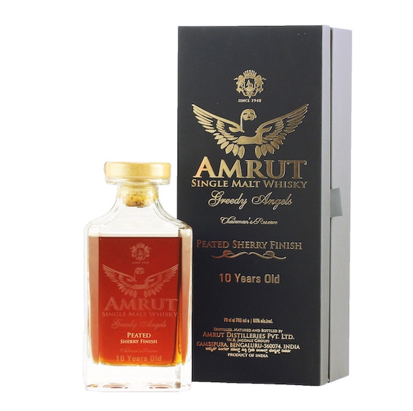 AMRUT SINGLE MALT WHISKY GREEDY ANGELS PEATED SHERRY FINISH CHAIRMAN'S RESERVE 10 YEARS OLD 60%