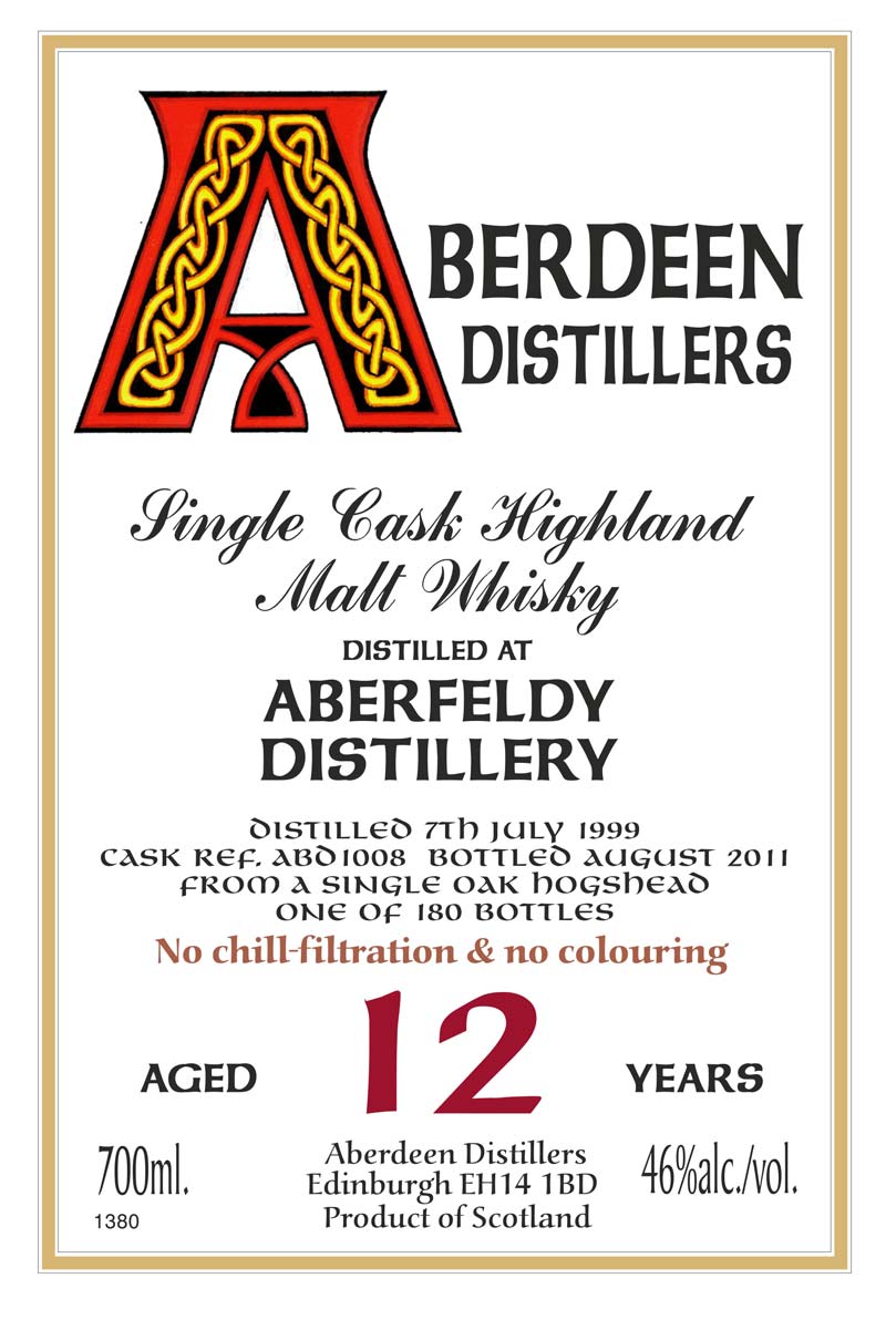 ABERDEEN DISTILLERS ABERFELDY 1999 12yo Cask ref:ABD1008 46%
