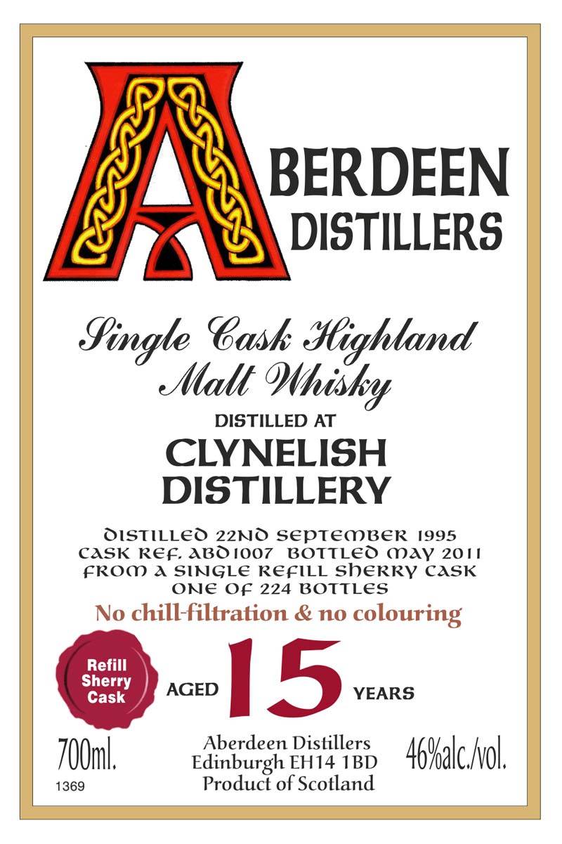 ABERDEEN DISTILLERS CLYNELISH 1995 15yo Cask ref:ABD1007 46%