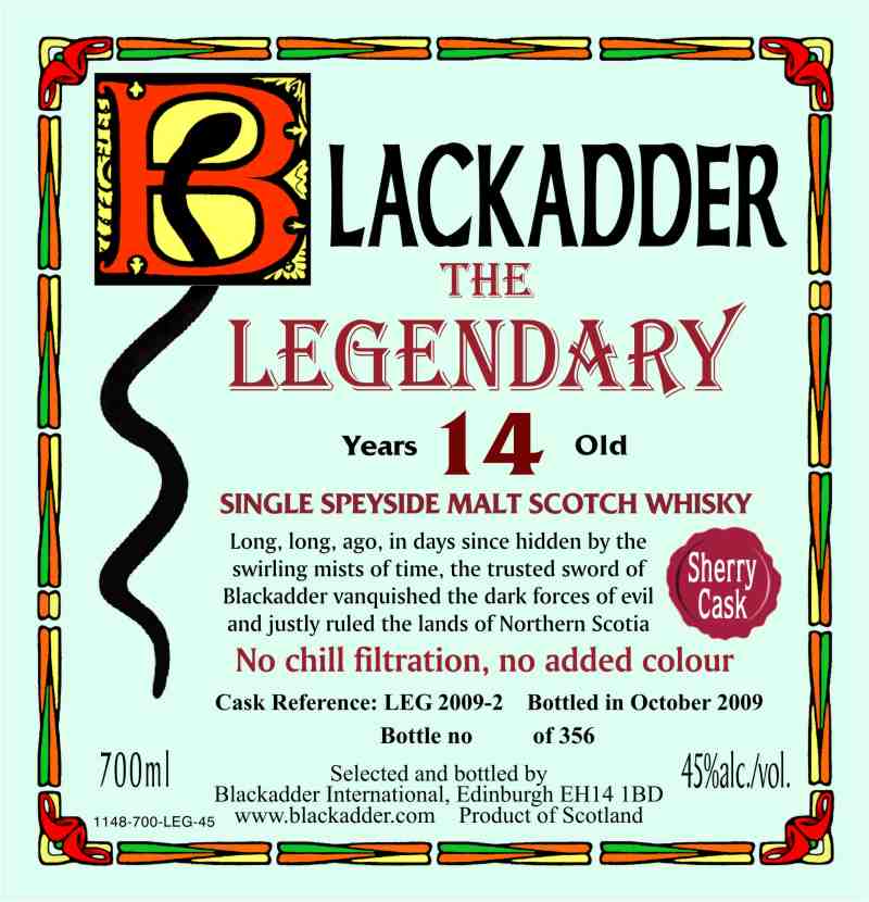 BLACKADDER THE LEGENDARY SINGLE SPEYSIDE MALT SCOTCH WHISKY 14yo Cask ref:LEG 2009-2 45%