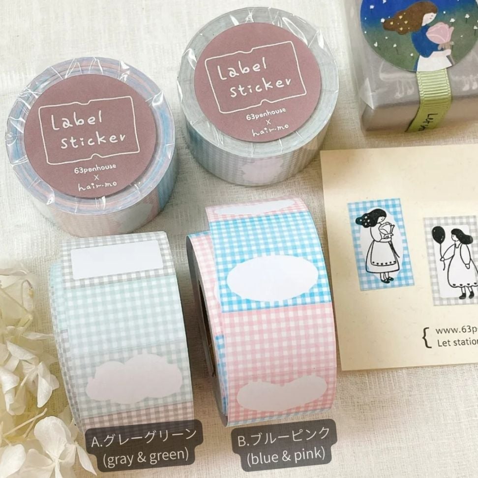 [63penhouse x Hairmo] 格子框框(チェックフレーム柄)  A.グレーグリーン ラベルステッカーシール(約500枚入)