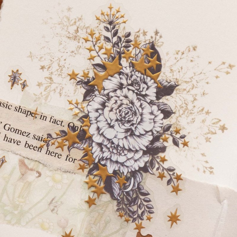 [樂意Loidesign] 星辰(Starry Stars) 花柄 ダイカットクリアPETテープ(箔押し、剥離紙付き)