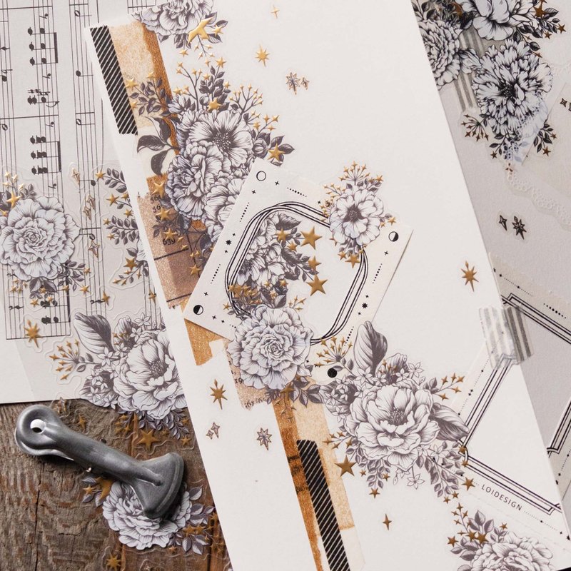 [樂意Loidesign] 星辰(Starry Stars) 花柄 ダイカットクリアPETテープ(箔押し、剥離紙付き)