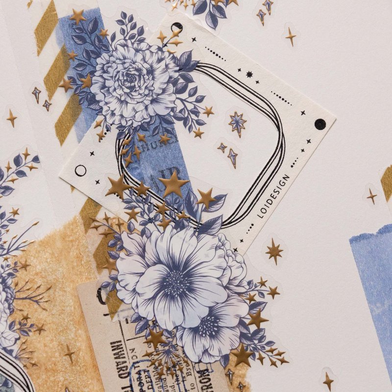 [樂意Loidesign] 星辰(Starry Stars) 花柄 ダイカットクリアPETテープ(箔押し、剥離紙付き)