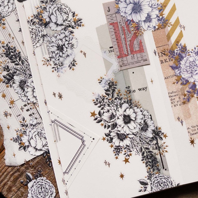 [樂意Loidesign] 星辰(Starry Stars) 花柄 ダイカットクリアPETテープ(箔押し、剥離紙付き)