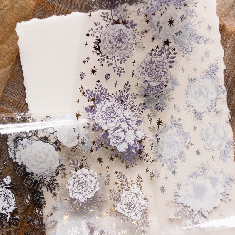 [樂意Loidesign] 星辰(Starry Stars) 花柄 ダイカットクリアPETテープ(箔押し、剥離紙付き)