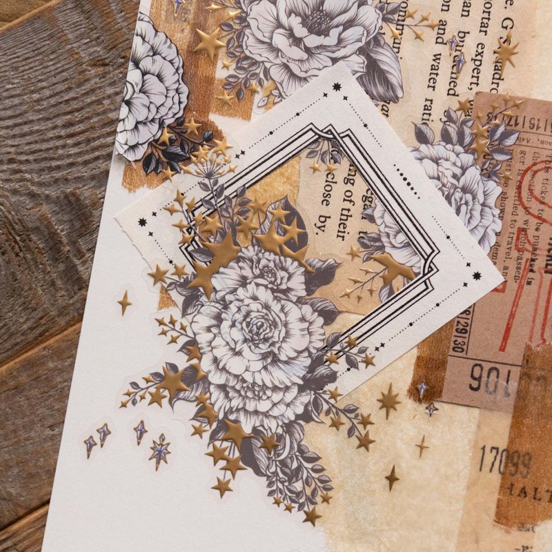 [樂意Loidesign] 星辰(Starry Stars) 花柄 ダイカットクリアPETテープ(箔押し、剥離紙付き)