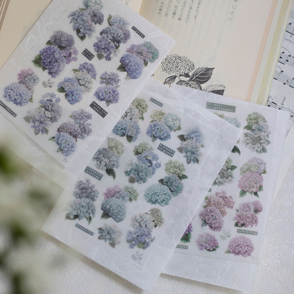 [樂意Loidesign] 雨中繍球花(Hydrangea in the rain) 花柄 転写シール(剥離紙付き) 3種類各1枚