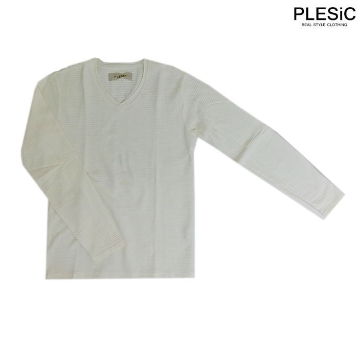 【SALE50%OFF】Plesic プルシック リンクスストレッチシャドウボーダー　Vネックロングスリーブカットソー　Off White  オフホワイト