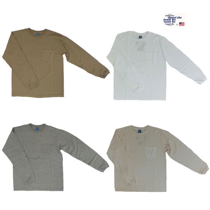 GOOD ON  グッドオン【SALE】 ロングスリーブ　ポケット付きクルーネックロングＴシャツ 　ホワイト 　ピグメントセージ  メタル　ピグメントナチュラル　コヨーテ