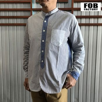 【SALE20%OFF】F.O.B FACTORY エフオービー ファクトリーF3476 CRAZY STRIPE BANDCOLLAR SHIRTS クレイジーストライプバンドカラーシャツ　Blue Multi