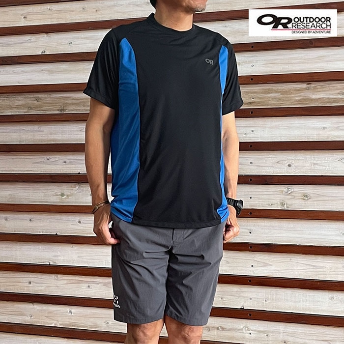 OUTDOOR RESEARCH アウトドアリサーチ エコーショートスリーブTシャツ  速乾性で軽量　ストーム　チャコールグレー　ペブル　ブラック×クラシックブルー