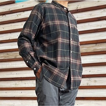 MANUAL ALPHABET マニュアルアルファベット MA-S-743 BRUSHED CHECK ルーズフィット バンドカラーシャツ  Grey