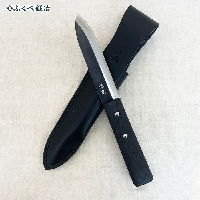 ふくべ鍛冶 タフ 漁師マキリTAFU 135mm 両刃青紙 黒牛革ケース 着火棒付