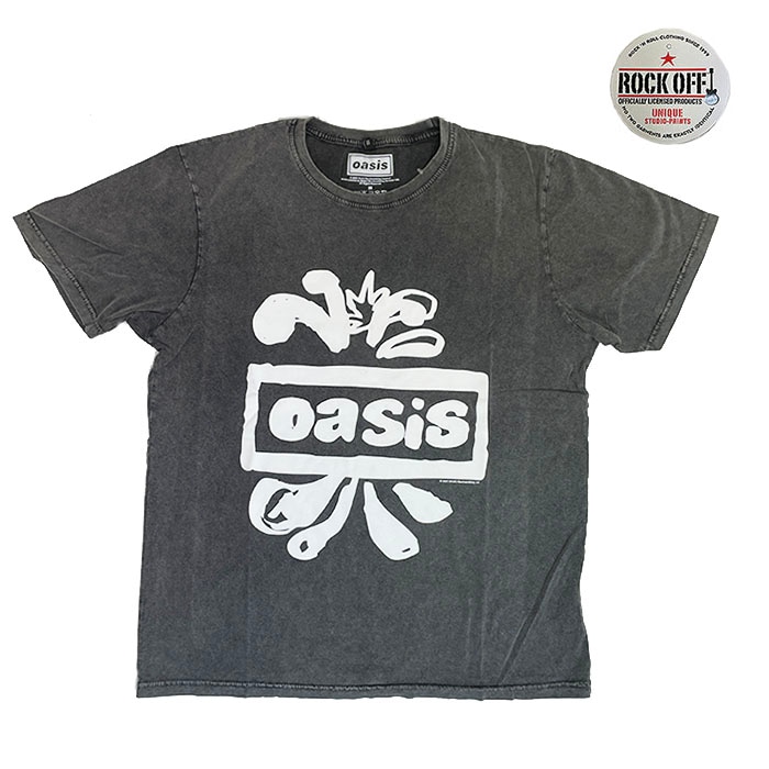 ROCK OFF ロックオフ OASIS オアシス Logo Splat Tee  オアシスヴィンテージ加工ロゴTシャツ　チャコールグレー