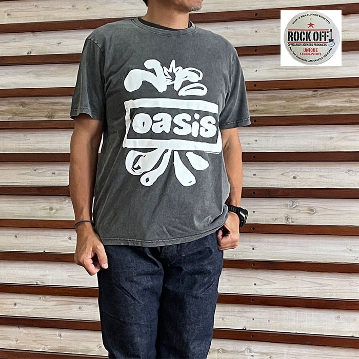ROCK OFF ロックオフ OASIS オアシス Logo Splat Tee オアシスヴィンテージ加工ロゴTシャツ チャコールグレー