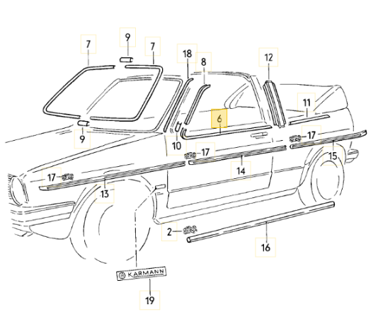 純正品】フロントドアモール(左・ブラック) Golf Mk1 カブリオレ (1988