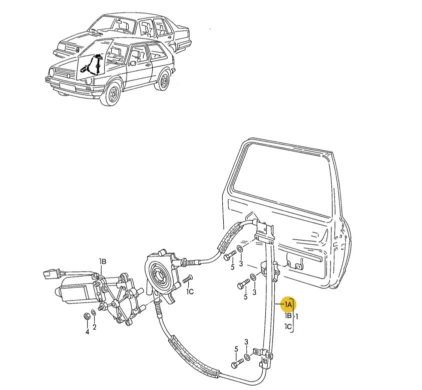 VEMO フロントパワーウインドウレギュレター 「右」 モーター付き Golf（88～92年）