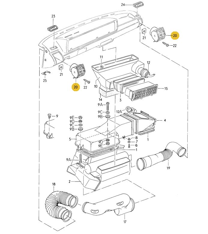 フォルクスワーゲン　ゴルフカブリオ　エアコンセンター吹き出し口 mk-1 純正品】 エアベント（エアコン吹き出し口）センター Golf（79