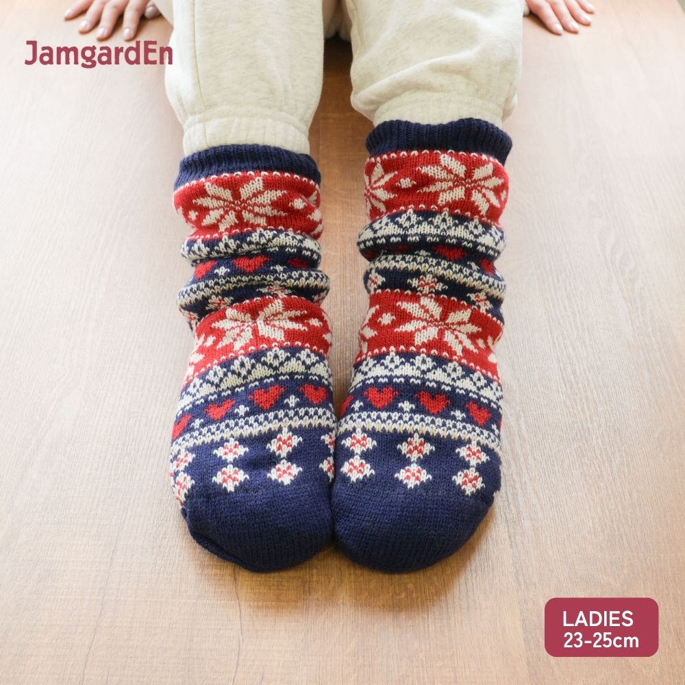 【毎年人気！】裏ボアホームソックス 雪柄ノルディック クルー丈