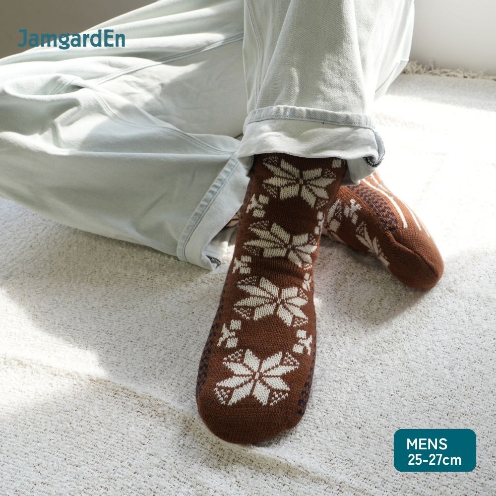 【毎年人気！】裏ボアホームソックス 雪柄ライン クルー丈