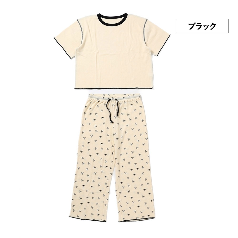 リボン柄ワッフル ルームウエア 上下セット