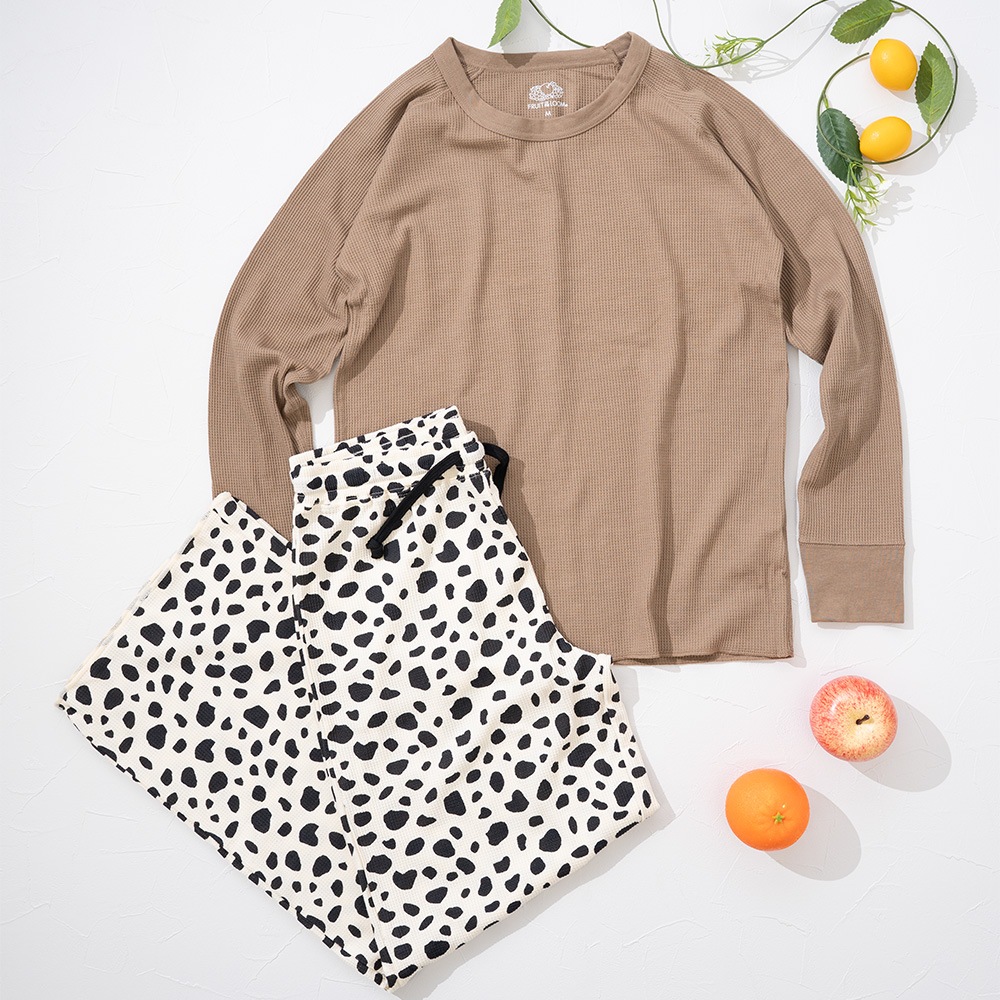 アニマルスキン柄 ワッフル ルームウェア 長袖上下セット