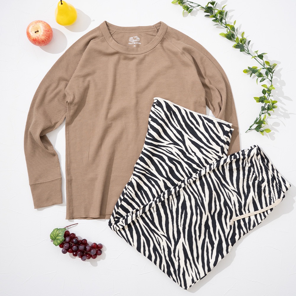 アニマルスキン柄 ワッフル ルームウェア 長袖上下セット